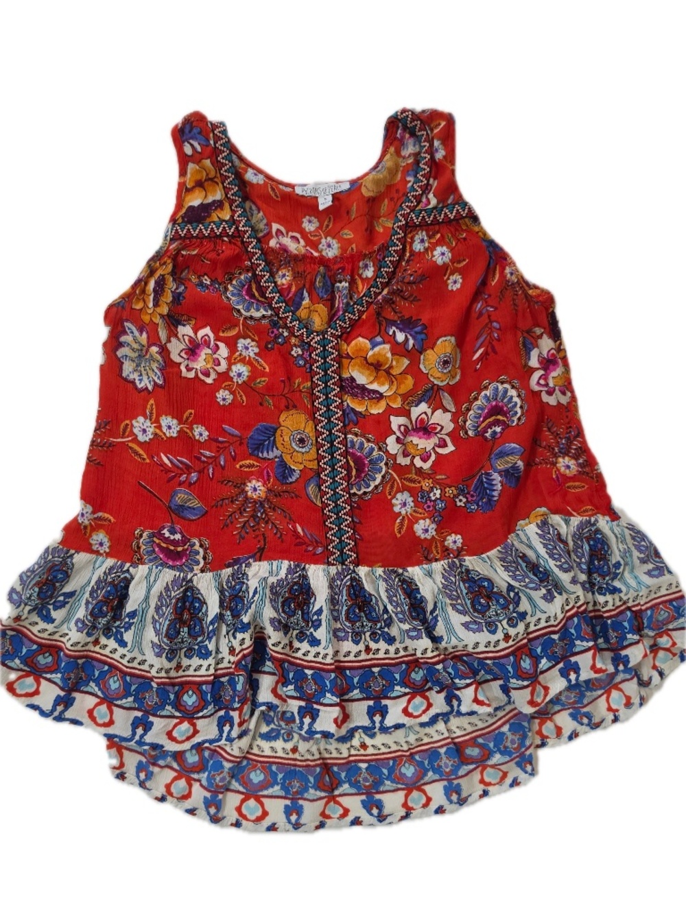 PATRONS OF PEACE Tank Womens S Red Floral Tunic Scoop Neck Ruffle Embroidered